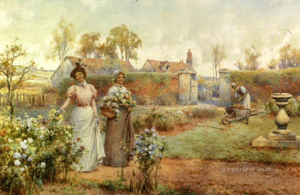 A Lady And Her Maid Picking Chrysanthemums landscape Alfred Glendening Oil Paintings